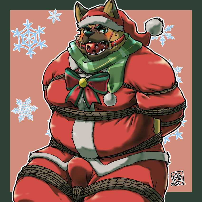 2023 anthro ball_gag belly blush bound brown_body bulge canid canine canis christmas christmas_clothing christmas_headwear clothing costume domestic_dog exe_exem gag hat headgear headwear hi_res holidays kemono lifewonders male mammal overweight overweight_male rope santa_costume santa_hat solo tokyo_afterschool_summoners yasuyori