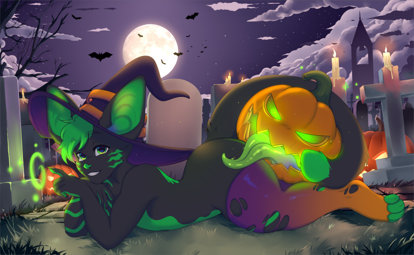 absurd_res anthro bat bitesize_art cemetery clothing domestic_cat felid feline felis girly halloween hat headgear headwear hi_res holidays hybrid jack-o'-lantern magic_user male mammal pinup pose solo witch witch_costume witch_hat