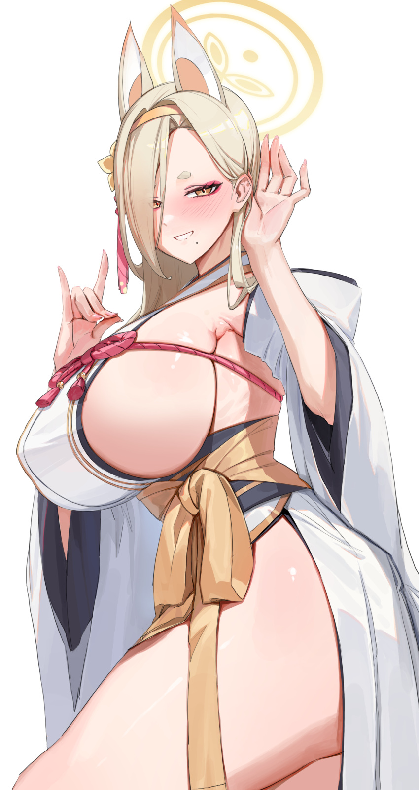 1girl absurdres animal_ears armpit_crease armpits blonde_hair blue_archive blush breasts chochomi detached_sleeves eyeshadow fox_ears fox_shadow_puppet hair_over_one_eye hairband hakama halo highres japanese_clothes kaho_(blue_archive) kimono large_breasts long_hair looking_at_viewer makeup miko mole mole_under_mouth orange_hairband orange_halo pink_eyeshadow sideboob simple_background sleeveless sleeveless_kimono solo thick_eyebrows thighs white_background white_hakama white_kimono yellow_eyes yellow_hairband yellow_halo