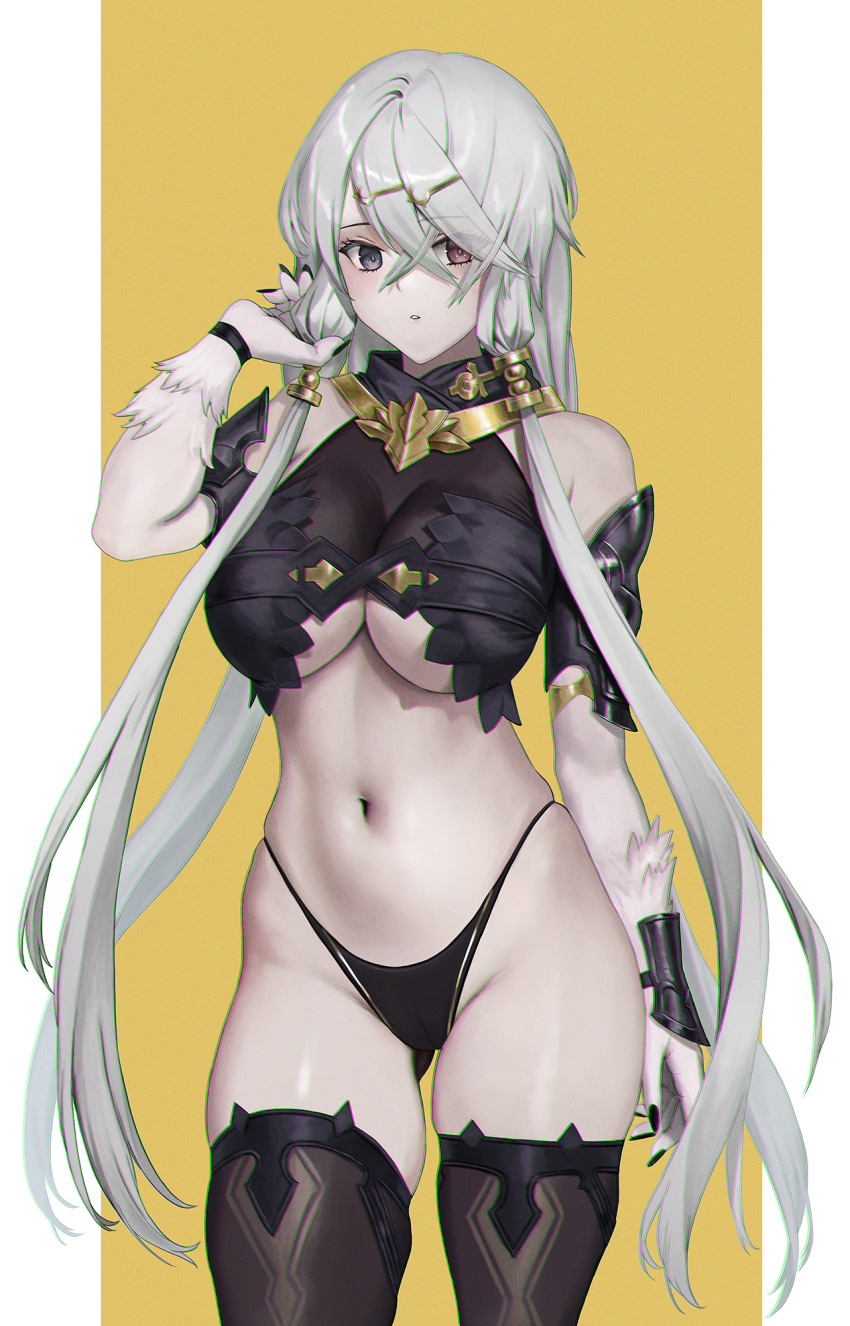 1girl adjusting_hair armor ass_visible_through_thighs atelier_(series) atelier_ryza atelier_ryza_1 bare_shoulders black_armor black_nails black_panties black_thighhighs blue_eyes body_fur border breasts crossed_bangs fingernails grey_hair hair_between_eyes hair_ornament hairclip heterochromia highleg highleg_panties highres jeneral large_breasts lila_decyrus long_hair looking_at_viewer low_twintails mixed-language_commentary navel pale_skin panties red_eyes sharp_fingernails simple_background skindentation solo thighhighs twintails underboob underwear very_long_hair white_border