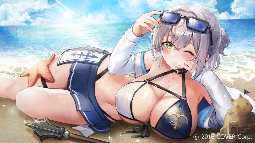 1girl absurdres arm_support arm_up armpits bare_shoulders beach bikini black-framed_eyewear black_straps blue_nails blue_sky breasts cleavage closed_mouth cloud cloudy_sky commentary_request crossed_bangs eyewear_on_head glasses green_eyes grey_hair hair_between_eyes highres hololive large_breasts long_sleeves looking_at_viewer lying navel noixen official_art on_side one_eye_closed sand_castle sand_sculpture shirogane_noel sky smile solo starfish stomach swimsuit thigh_strap virtual_youtuber water wet