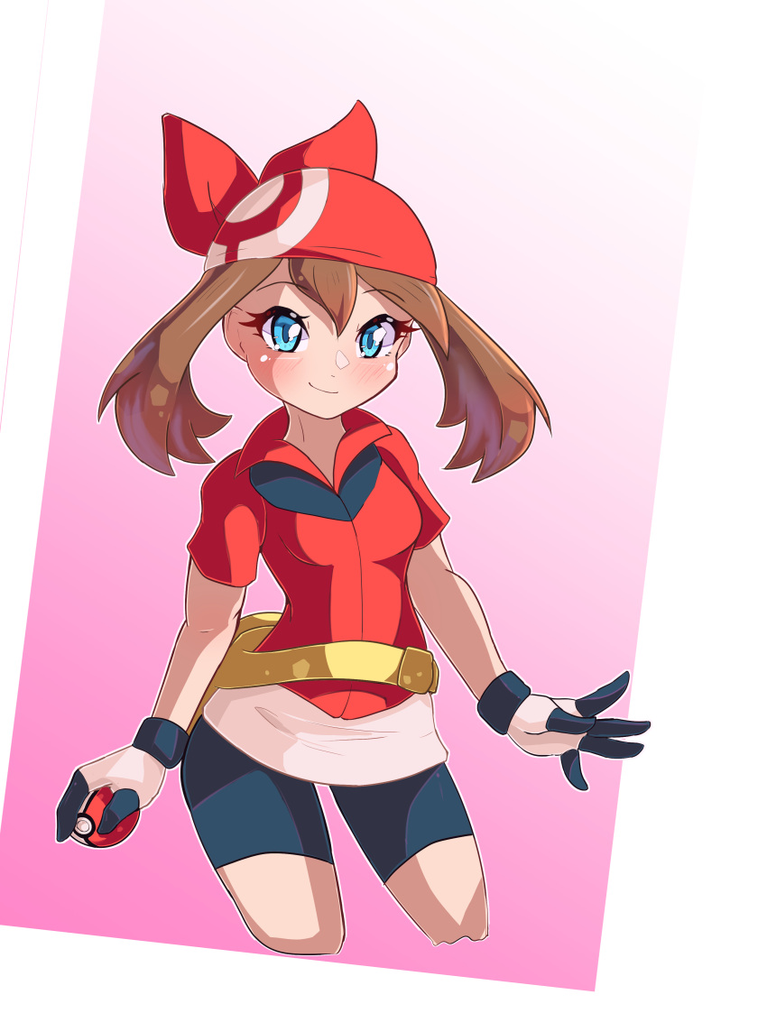 1girl absurdres bandana blue_eyes breasts brown_hair gloves highres holding holding_poke_ball jacket long_hair looking_at_viewer may_(pokemon) nin10ja open_mouth poke_ball poke_ball_(basic) pokemon pokemon_(game) pokemon_rse red_bandana red_jacket short_sleeves simple_background small_breasts solo twintails upper_body v-shaped_eyebrows white_background white_gloves