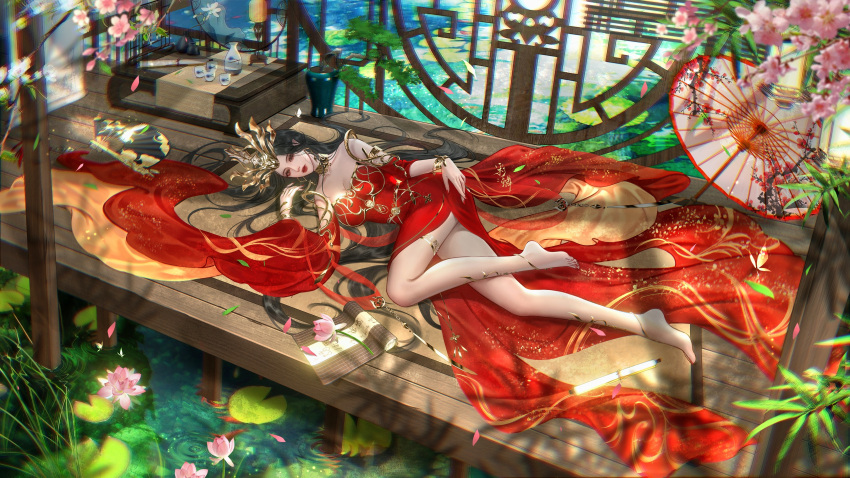 1girl absurdres bare_shoulders black_hair bonsai bottle bracelet cai_lin_(doupo_cangqiong) collar cup detached_sleeves doupo_cangqiong flower full_body hand_on_own_ass highres jewelry lily_pad long_hair lotus lying metal_collar on_side second-party_source solo table yang_yang_young