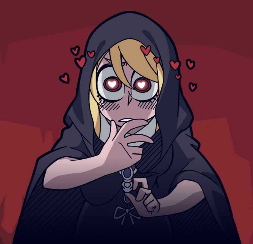 1girl black_cloak black_dress blonde_hair blush cloak commentary dress elden_ring english_commentary fia_the_deathbed_companion heart heart-shaped_pupils helltaker highres hood hood_up hooded_cloak long_hair looking_at_viewer red_background red_eyes shi_ling_yu solo symbol-shaped_pupils vanripper_(style) wide_sleeves