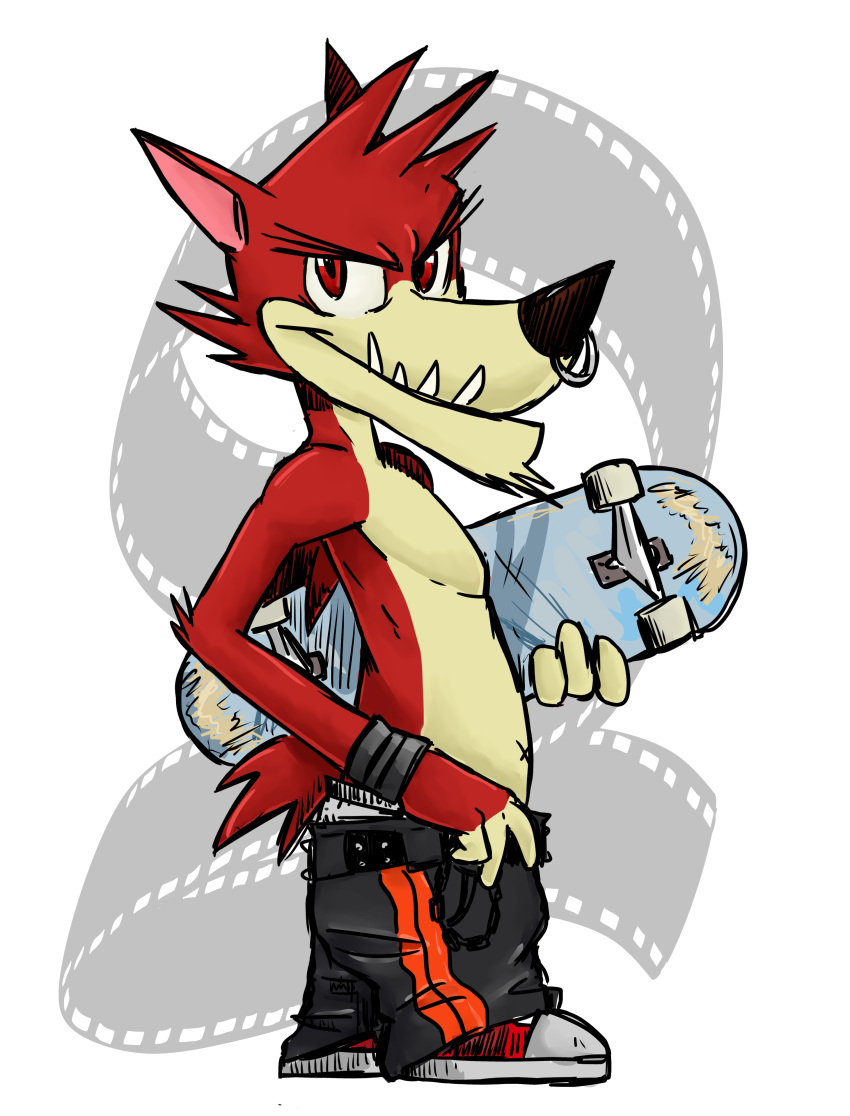 absurd_res anthro atlus bottomwear canid canine canis clothed clothing decker digital_media_(artwork) facial_piercing fingers footwear fur go!_go!_hypergrind hi_res looking_at_viewer male mammal mysterymanbob nose_piercing nose_ring pants partially_clothed piercing punk red_body red_eyes red_fur ring_piercing sagging sagging_pants sega shoes simple_background skateboard smile solo standing teeth toony topless underwear white_background wolf wristband