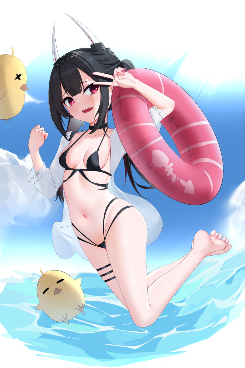 1girl absurdres azur_lane barefoot bikini bird black_bikini black_hair blue_sky breasts chick cloud cloudy_sky hatsuzuki_(august's_first_romance)_(azur_lane) hatsuzuki_(azur_lane) highres holding holding_innertube innertube jacket long_hair long_sleeves looking_at_viewer manjuu_(azur_lane) navel official_alternate_costume open_mouth pink_innertube red_eyes red_nails see-through see-through_jacket sky small_breasts stomach swept_bangs swimsuit teeth toes twintails upper_teeth_only water white_jacket zerotwenty_(020)