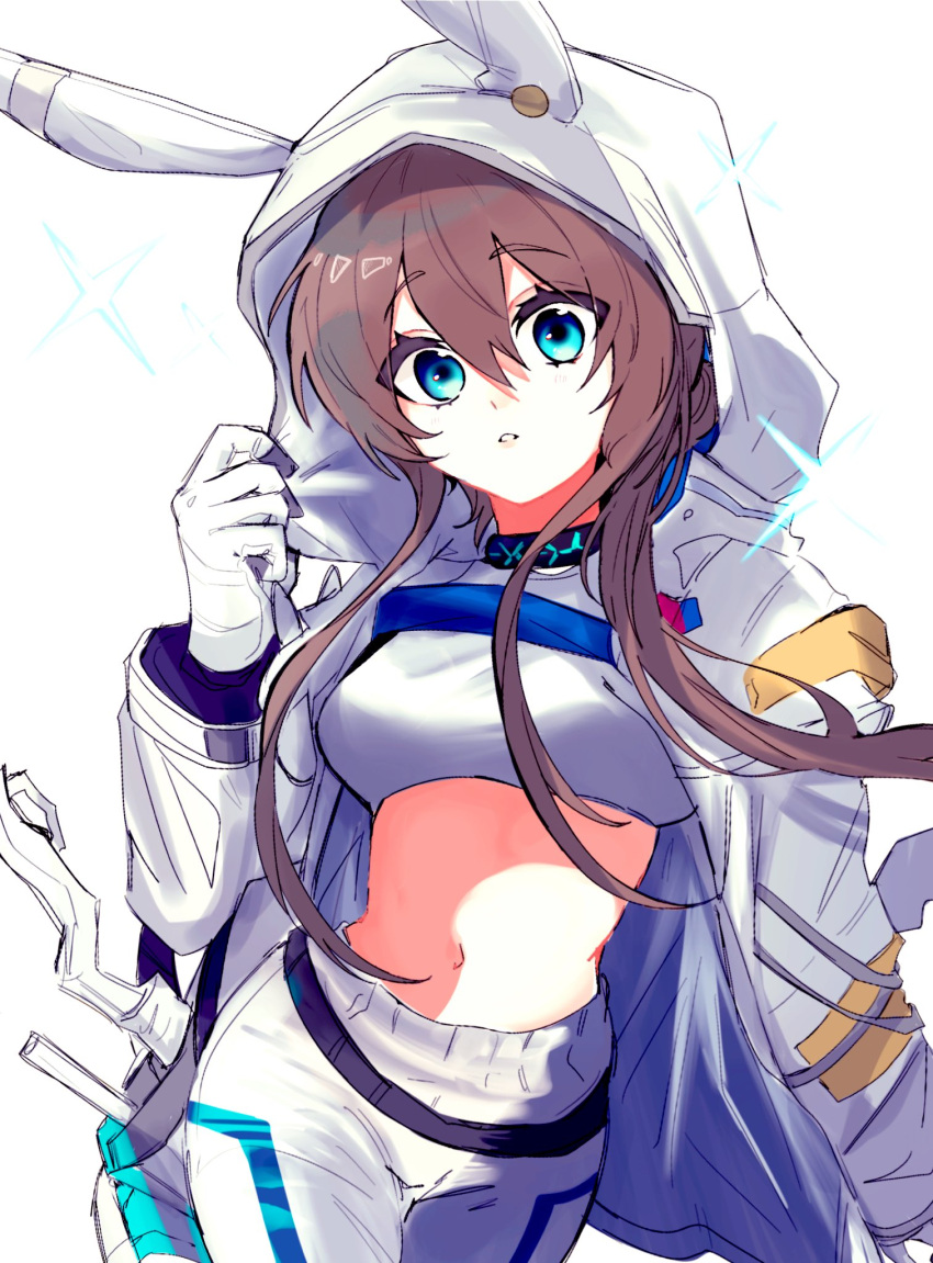 1girl amiya_(arknights) amiya_(guard)_(arknights) amiya_(guard)_(touch_the_stars)_(arknights) animal_ears animal_hood arknights black_collar blue_eyes brown_hair collar crop_top gloves hair_between_eyes highres hood hood_up hooded_jacket infection_monitor_(arknights) jacket long_hair long_sleeves looking_at_viewer midriff navel official_alternate_costume pants rabbit_ears rabbit_hood simple_background solo soramaru_310 white_background white_gloves white_jacket white_pants