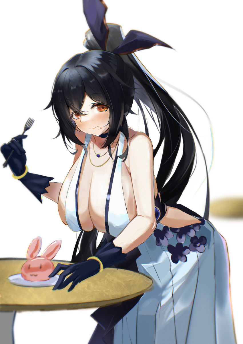 1041287866 absurdres artery_gear artery_gear:_fusion backless_dress backless_outfit black_gloves black_hair black_ribbon breasts brown_eyes dress food food_on_face fork gloves hair_ribbon highres holding holding_fork huge_breasts jewelry long_hair mel_(artery_gear) necklace ponytail rabbit revealing_clothes ribbon very_long_hair white_background white_dress