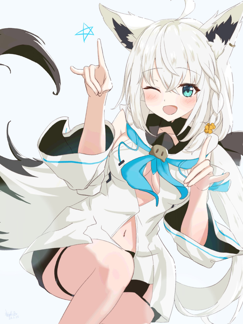 1girl ahoge animal_ear_fluff animal_ears babinch black_bow black_shorts blue_neckerchief blush bow braid commentary_request detached_sleeves double_fox_shadow_puppet earrings flower fox_ears fox_girl fox_shadow_puppet fox_tail green_eyes hair_between_eyes hair_bow hair_flower hair_ornament highres hololive hood hoodie jewelry knee_up long_hair looking_at_viewer midriff navel neckerchief one_eye_closed open_mouth pentagram shirakami_fubuki short_shorts shorts sidelocks simple_background single_braid solo tail thigh_strap virtual_youtuber white_background white_hair white_hoodie