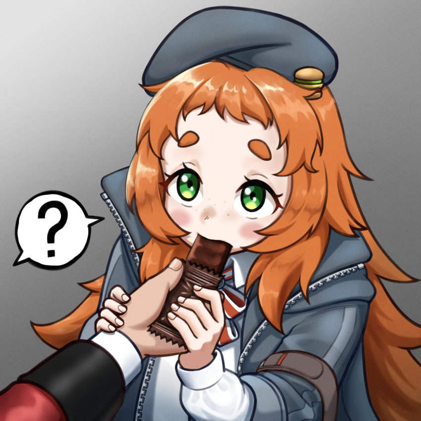 1girl 1other ? beret blush bow bowtie burger_hat_ornament candy chocolate chocolate_bar commander_(girls'_frontline) commentary fingernails food food_in_mouth freckles girls'_frontline gradient_background green_eyes grey_background grey_headwear grey_jacket griffin_&amp;_kryuger_military_uniform hat holding holding_chocolate holding_food holding_hands jacket long_hair long_sleeves looking_at_another looking_up missileer open_clothes open_jacket orange_hair red_bow red_bowtie shared_speech_bubble shirt short_eyebrows simple_background solo_focus speech_bubble spoken_question_mark upper_body very_long_hair vp9_(girls'_frontline) white_shirt zipper