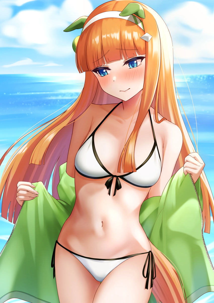 1girl absurdres animal_ears arugou bikini blue_eyes blunt_bangs blush breasts closed_mouth cloud collarbone commentary_request embarrassed hair_ornament headband highres horse_ears horse_girl horse_tail jacket looking_to_the_side ocean orange_hair silence_suzuka_(umamusume) sky small_breasts solo swimsuit tail umamusume