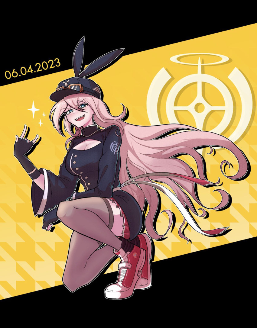 1girl :d animal_ears black_background black_gloves black_headwear breasts brown_thighhighs buttons cleavage danganronpa_(series) danganronpa_v3:_killing_harmony dated fake_animal_ears fingerless_gloves full_body gloves goggles goggles_on_headwear hair_between_eyes highres iruma_miu large_breasts long_sleeves miniskirt on_one_knee pleated_skirt rabbit_ears red_footwear red_skirt skirt smile solo soshu_(socsuperfluous) sparkle teeth thighhighs upper_teeth_only yellow_background