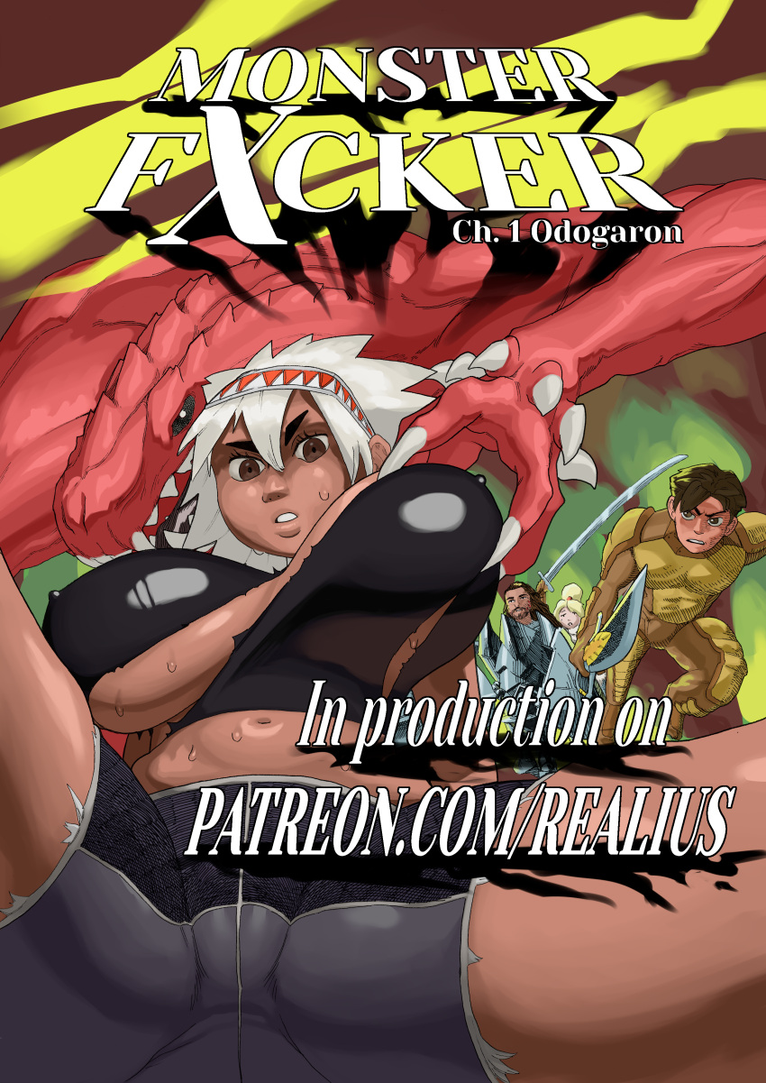 absurd_res anthro big_breasts breasts capcom clothing cover cover_art cover_page fanged_wyvern female grope group hi_res huge_breasts looking_at_viewer male monster_hunter odogaron realius thick_thighs torn_clothing