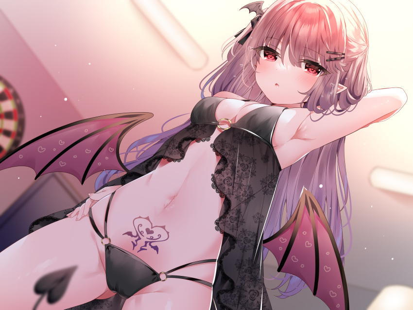 1girl :o absurdres arm_up armpits ass_visible_through_thighs babydoll black_babydoll black_panties breasts cameltoe dartboard demon_tail demon_wings dutch_angle fingernails frilled_babydoll from_below hair_ornament hairclip half-closed_eyes heart highres lingerie long_hair low_wings mafuyu_(chibi21) multi-strapped_panties navel non-web_source o-ring open_mouth original panties pointy_ears pubic_tattoo purple_hair red_eyes see-through see-through_babydoll small_breasts solo tail tattoo underwear wing_hair_ornament wings