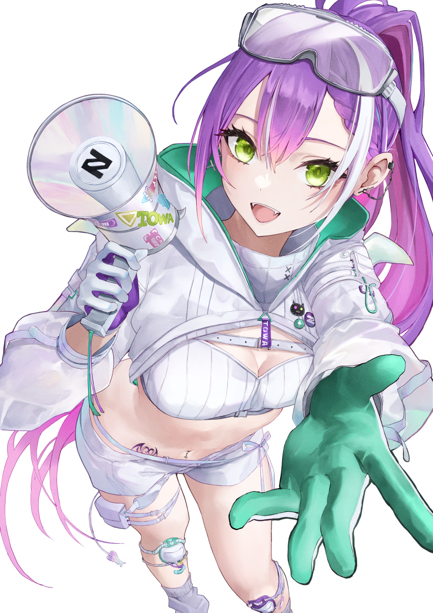 1girl absurdres bandaid bandaid_on_leg belt blush breasts colored_inner_hair commentary demon_girl demon_tail demon_wings ear_piercing gloves goggles goggles_on_head green_eyes hair_ornament hairclip highres hip_tattoo holding holding_megaphone hololive knee_pads long_hair long_sleeves looking_at_viewer medium_breasts megaphone megu_(pixiv9460065) midriff multicolored_hair navel navel_piercing official_alternate_costume open_mouth piercing pink_hair ponytail purple_hair see-through see-through_sleeves short_shorts shorts shrug_(clothing) solo strapless streaked_hair tail tattoo tokoyami_towa tokoyami_towa_(5th_costume) tube_top virtual_youtuber white_background white_belt white_gloves white_hair white_shorts white_shrug white_tube_top wings