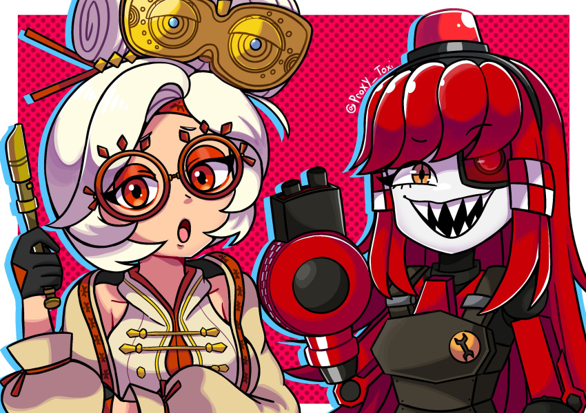 1girl 2girls alarm_siren arm_cannon artist_name black_gloves borrowed_character breasts commentary crosshair_pupils english_commentary eyeshadow eyewear_on_head flute glasses gloves hair_bun hair_ornament hair_stick heterochromia highres holding holding_instrument instrument joints large_breasts long_hair long_sleeves looking_at_viewer makeup mimi-sentry multiple_girls open_mouth orange_eyes original personification proxy_toxi purah red-framed_eyewear red_background red_eyes red_eyeshadow red_hair robot robot_girl robot_joints round_eyewear sharp_teeth sheikah short_hair simple_background smile team_fortress_2 teeth the_legend_of_zelda the_legend_of_zelda:_tears_of_the_kingdom twitter_username upper_body weapon white_hair wrench
