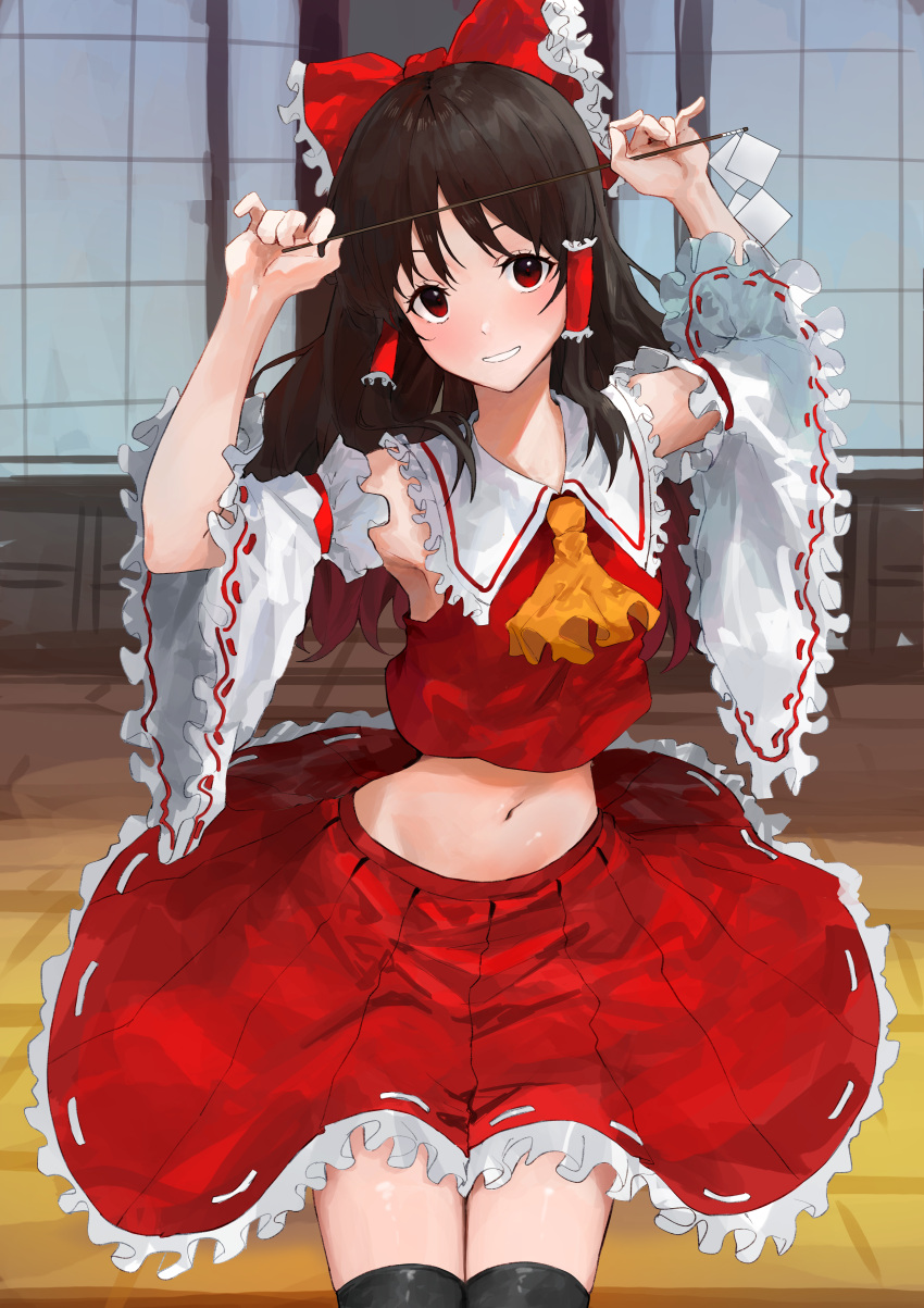 1girl abi_(user_nzav7333) absurdres armpits ascot black_hair black_thighhighs blush bow cropped_shirt detached_sleeves frilled_bow frilled_hair_tubes frilled_sailor_collar frills gohei hair_bow hair_tubes hakurei_reimu highres japanese_clothes looking_at_viewer midriff miko navel nontraditional_miko pleated_skirt red_eyes red_shirt red_skirt sailor_collar shirt sitting skirt smile solo stomach thighhighs touhou wide_sleeves yellow_ascot