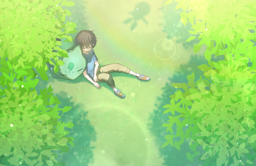 1boy blue_shirt brown_hair bulbasaur celebi closed_eyes forest from_above hair_between_eyes highres kouichi383 lens_flare light_particles male_focus nature nostrils pokemon pokemon_(creature) shirt short_hair sitting sleeping sleeping_upright solo yellow_footwear