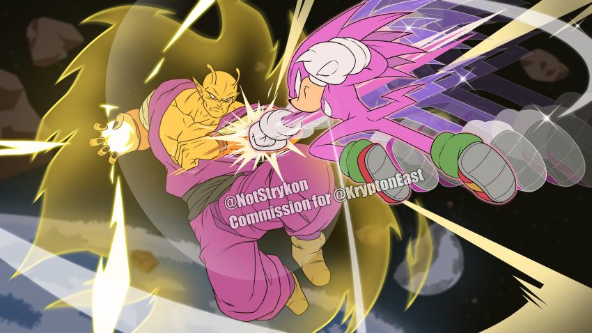 2boys absurdres alien animal_ears animal_nose antennae battle character_request colored_skin crossover dougi dragon_ball dragon_ball_super dragon_ball_super_super_hero dragon_ball_z fighting furry furry_male gloves highres hyper_knuckles knuckles_the_echidna multiple_boys muscular muscular_male namekian no_eyebrows notstrykon orange_piccolo orange_skin piccolo pink_fur pointy_ears purple_eyes red_eyes red_footwear shoes sonic_(series) sonic_mania spiked_gloves super_knuckles tail white_gloves