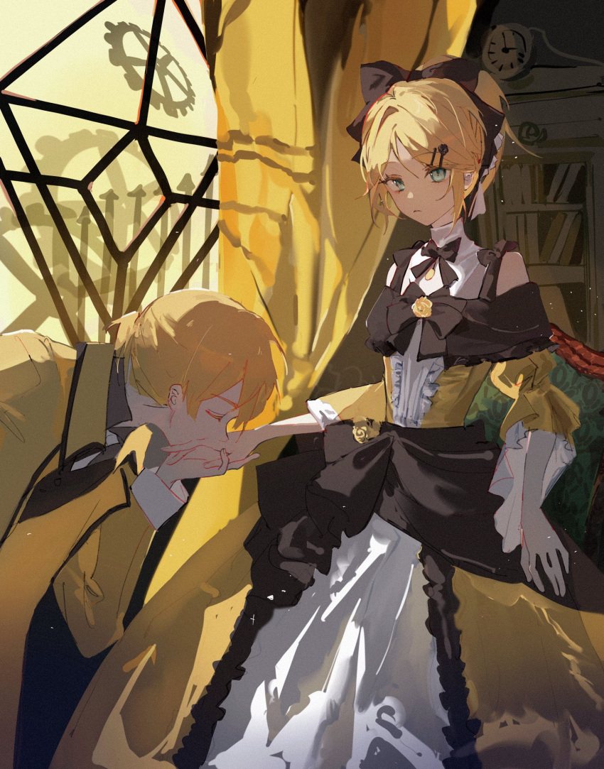 1boy 1girl aku_no_meshitsukai_(vocaloid) aku_no_musume_(vocaloid) allen_avadonia aqua_eyes bare_shoulders black_bow blonde_hair bookshelf bow brother_and_sister chair clock closed_eyes closed_mouth collared_jacket collared_shirt curtains detached_collar dress dress_bow dress_flower evillious_nendaiki flat_chest flower frilled_dress frilled_sleeves frills gears hair_bow hair_ornament hair_ribbon hairclip high_ponytail highres hunched_over jacket kagamine_len kagamine_rin kiss kissing_hand kneeling looking_at_viewer miku_symphony_(vocaloid) narrow_waist off-shoulder_dress off_shoulder official_alternate_costume petticoat pye_yyy ribbon riliane_lucifen_d'autriche rose shirt short_ponytail short_sleeves siblings sidelocks slit_pupils swept_bangs twins updo vocaloid wide_sleeves window yellow_dress yellow_flower yellow_jacket yellow_rose