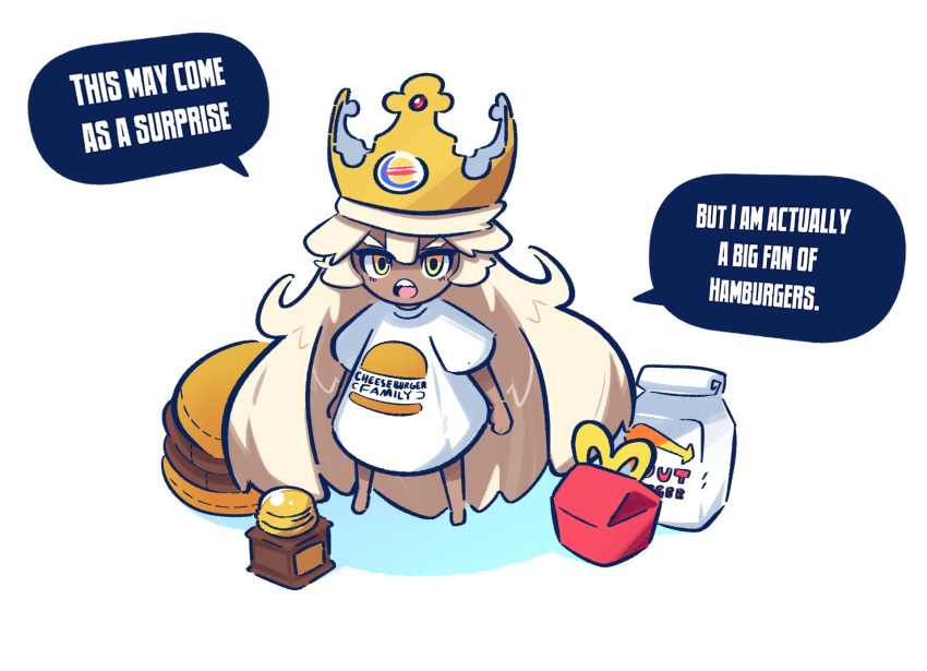 1girl 3rf aged_down barefoot blonde_hair burger burger_king chibi commentary dark-skinned_female dark_skin english_commentary english_text female_child food guilty_gear guilty_gear_strive guilty_gear_xrd happy_meal highres in-n-out_burger long_hair mcdonald's print_shirt product_placement ramlethal_valentine shirt solo speech_bubble standing teeth upper_teeth_only very_long_hair white_shirt yellow_eyes