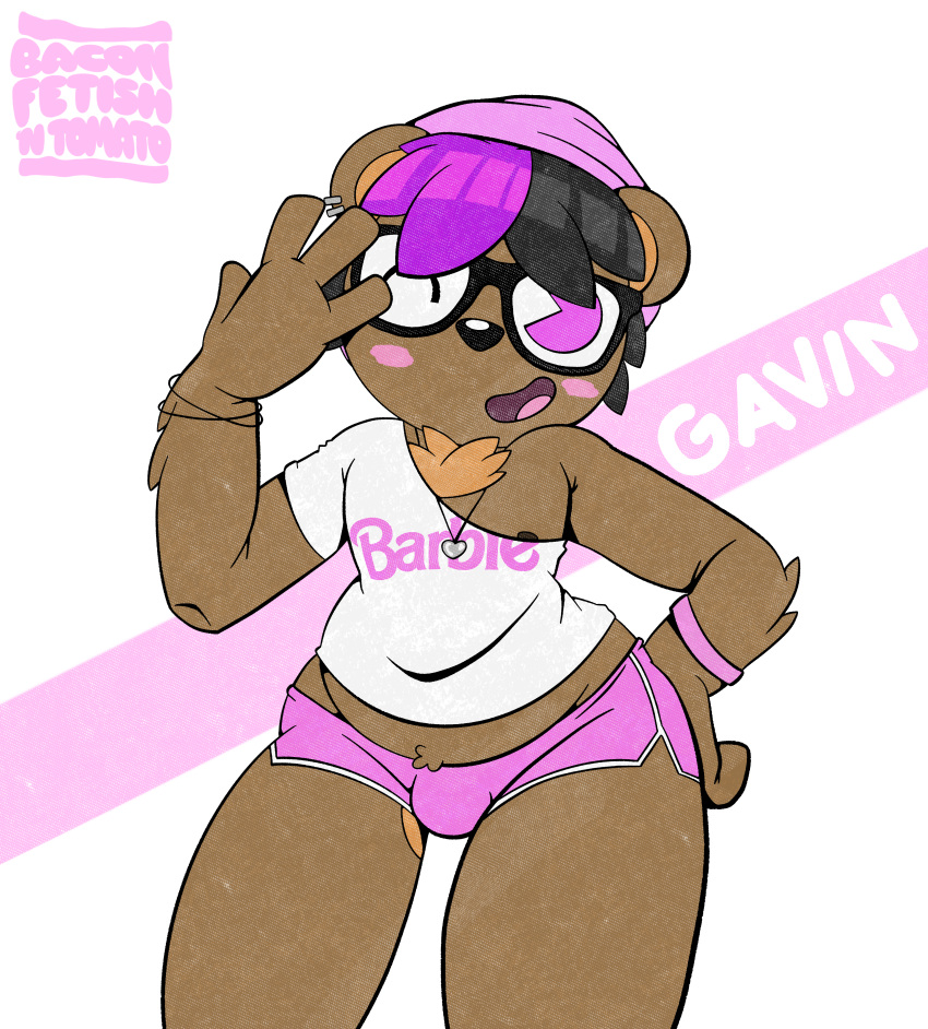 absurd_res anthro baconfetish'ntomato barbie_(doll) beanie bear belly blush bottomwear brown_body brown_fur bulge chest_tuft clothed clothing crop_top digital_media_(artwork) ear_piercing english_text eyewear fur gavin_pearson glasses hair hand_on_hip hat headgear headwear hi_res hotpants jewelry looking_at_viewer male mammal mattel midriff multicolored_hair necklace nipple_slip one_eye_closed open_mouth piercing pink_eyes purple_hair shirt shorts simple_background slightly_chubby slightly_chubby_male smile solo text thick_thighs topwear tuft two_tone_hair wide_hips wink wristband