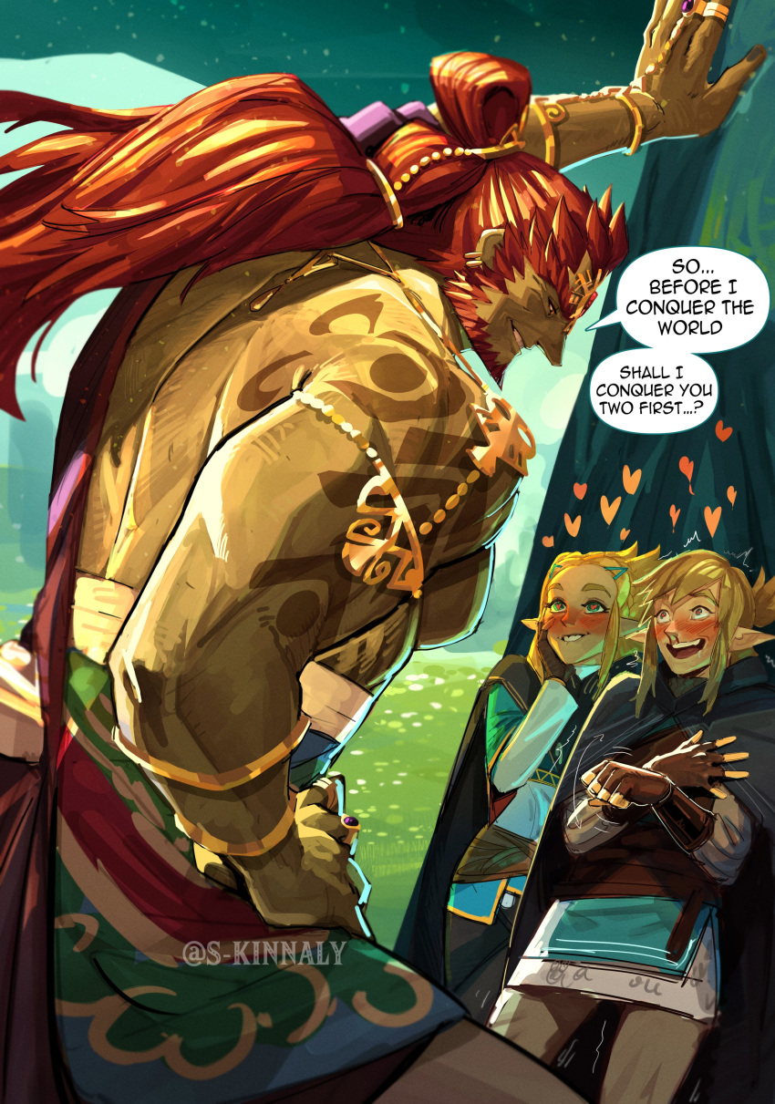 1girl 2boys absurdres arm_up arrow_(symbol) beard biting blonde_hair blood blush cloak colored_skin dax drooling earrings english_commentary english_text excited facial_hair fingerless_gloves fingernails ganondorf gerudo gloves green_skin hair_ornament hairclip hand_on_own_cheek hand_on_own_chest hand_on_own_face hand_on_own_hip hand_up heart heart-shaped_pupils height_difference hetero highres hood hood_down hooded_cloak jewelry kabedon leaning_back leaning_forward link lip_biting long_hair long_sleeves looking_at_another motion_lines multiple_boys multiple_earrings muscular muscular_male nose_blush nosebleed open_mouth outdoors pants parted_lips pointy_ears princess_zelda red_hair rehydrated_ganondorf ring sara_kinnaly smile standing symbol-shaped_pupils the_legend_of_zelda the_legend_of_zelda:_tears_of_the_kingdom topless_male tree trembling tunic twitter_username very_long_hair yaoi