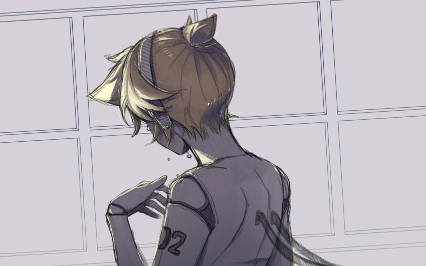 1boy ahoge android blonde_hair cable crying crying_with_eyes_open headphones headset highres joints kagamine_len muted_color number_tattoo robot_joints short_ponytail shoulder_tattoo solo spiked_hair streaming_tears tattoo tears thoma_werner topless_male vocaloid