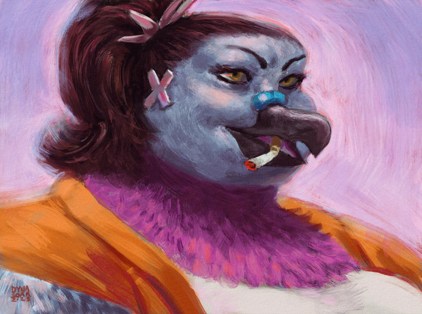 2023 anthro avian beak bird blue_markings brown_hair bust_portrait cigarette clothed clothing columbid digital_media_(artwork) digital_painting_(artwork) dyna_soar ear_piercing ear_ring eyebrows eyelashes feathers female grey_body grey_feathers hair hi_res jess_(character) jewelry markings neck_tuft open_beak open_mouth orange_clothing orange_topwear overweight overweight_female piercing pigeon pink_body pink_feathers ponytail portrait purple_background purple_body purple_feathers ring_piercing signature simple_background smoking solo three-quarter_portrait tongue topwear tuft white_clothing white_topwear yellow_eyes