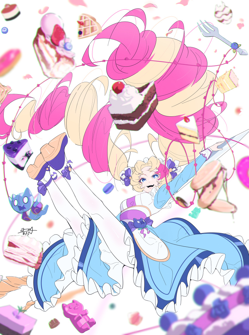 1girl :d absurdres apron arm_up blonde_hair blue_bow blue_dress blue_eyes blue_footwear bow cafe_cuties_gwen cake dress food fork green_dress gummy_bear gwen_(league_of_legends) hair_bow high_heels highres league_of_legends multicolored_apron pantyhose pink_apron pink_hair smile solo stuffed_toy teeth two-tone_dress two-tone_footwear weiqiban white_apron white_background white_pantyhose