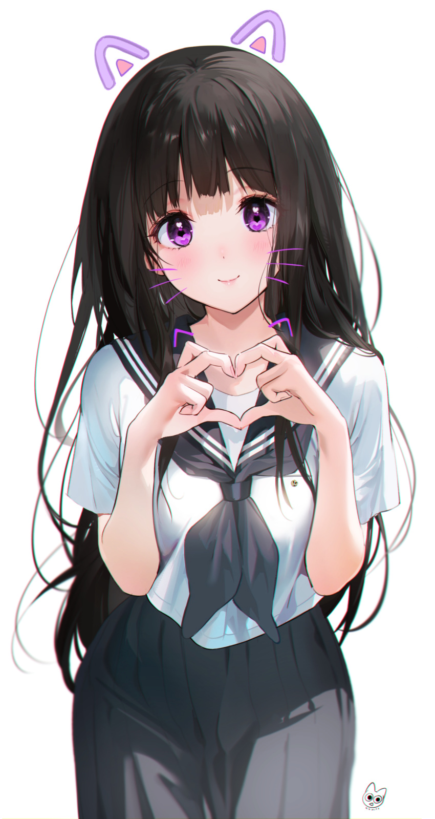 1girl absurdres animal_ears artist_logo black_hair black_neckerchief black_sailor_collar cat_ears chitanda_eru closed_mouth fake_animal_ears fake_whiskers hands_up heart heart_hands heart_in_eye highres hyouka kamiyama_high_school_uniform_(hyouka) long_hair looking_at_viewer mery_(yangmalgage) neckerchief oreki_houtarou purple_eyes sailor_collar school_uniform serafuku shirt simple_background skirt smile solo symbol_in_eye white_background white_shirt