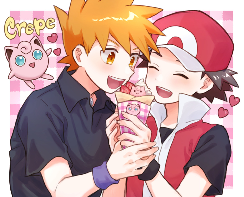 2boys :d black_shirt black_wristband blonde_hair blue_oak closed_eyes collared_shirt commentary_request crepe food fruit hat heart holding jewelry jigglypuff male_focus mochi_(mocchi_p_2m) multiple_boys necklace open_mouth pokemon pokemon_(game) pokemon_frlg purple_wristband red_(pokemon) red_headwear red_vest shirt short_hair short_sleeves smile spiked_hair strawberry strawberry_slice t-shirt teeth upper_teeth_only vest