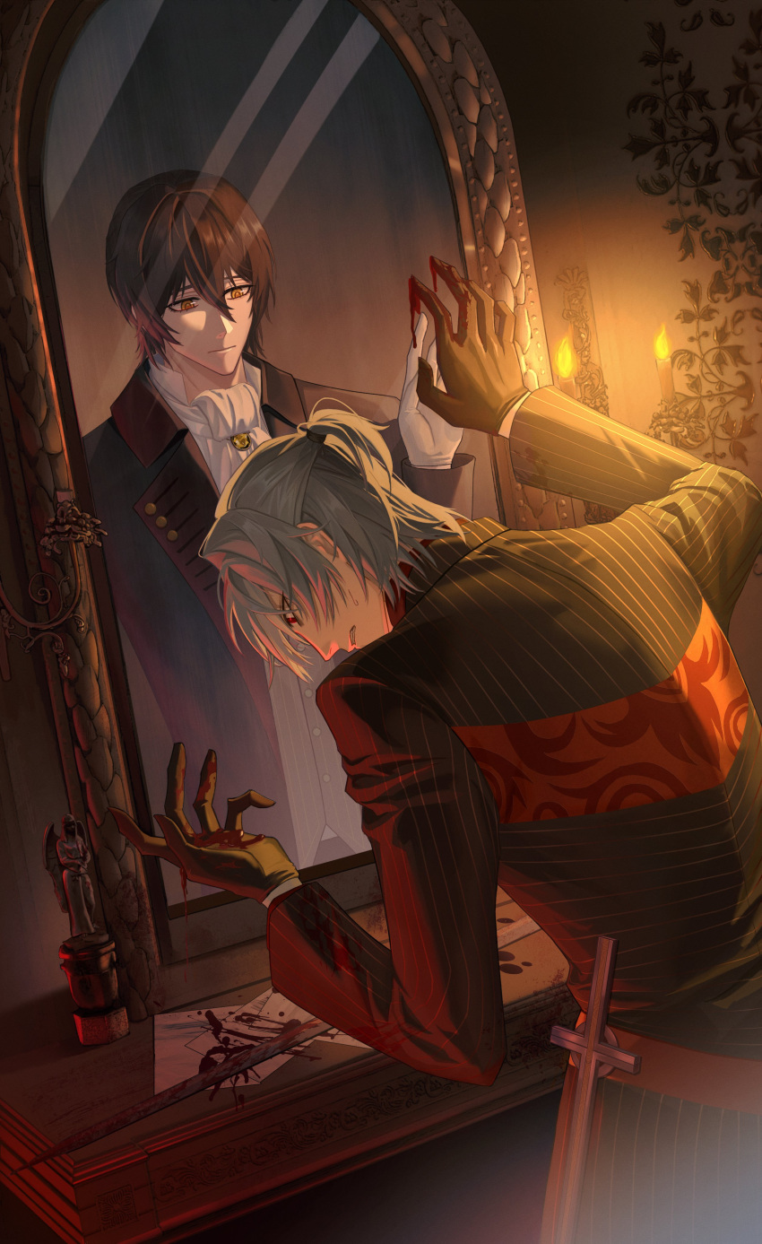 1boy 2boys absurdres antonio_salieri_(fate) antonio_salieri_(first_ascension)_(fate) bishounen blood blood_on_hands blood_on_weapon clenched_teeth cross different_reflection fate/grand_order fate_(series) feet_out_of_frame fire_light formal gloves highres holding indoors male_focus mirror multiple_boys nagi71 original pinstripe_pattern reflection striped suit teeth weapon white_hair