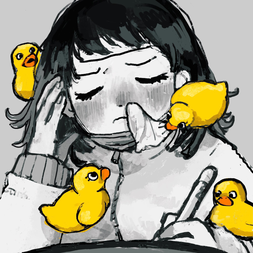 1girl closed_eyes closed_mouth frown greyscale hand_up highres holding holding_pen medium_hair monochrome onobane original pen rubber_duck solo spot_color tissue tissue_in_nose