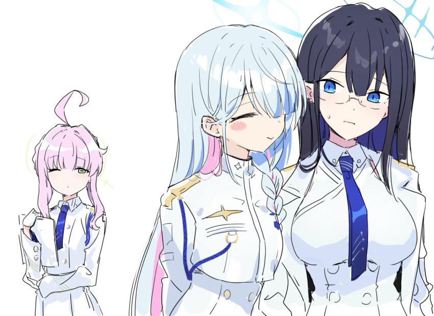 3girls :&gt; ahoge black_hair blue_archive blue_eyes blue_hair blue_necktie blush_stickers braid braided_bun clipboard closed_eyes collared_shirt colored_inner_hair general_student_council_president_(blue_archive) glasses gloves green_eyes hair_bun hair_over_one_eye halo holding holding_clipboard itamochi jacket kaya_(blue_archive) light_blush long_hair multicolored_hair multiple_girls necktie one_eye_closed pink_hair rin_(blue_archive) shirt sweatdrop white_gloves white_jacket white_shirt