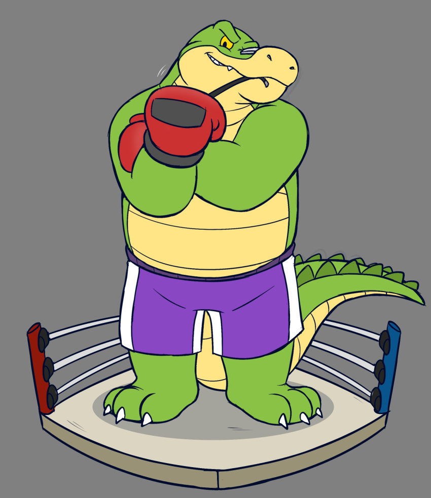 2023 alligator alligatorid anthro biped bottomwear boxing_gloves boxing_shorts brok_(character) brok_the_investigator clothing crocodilian fighting_ring glassesgator green_body handwear hi_res male reptile scalie shorts solo