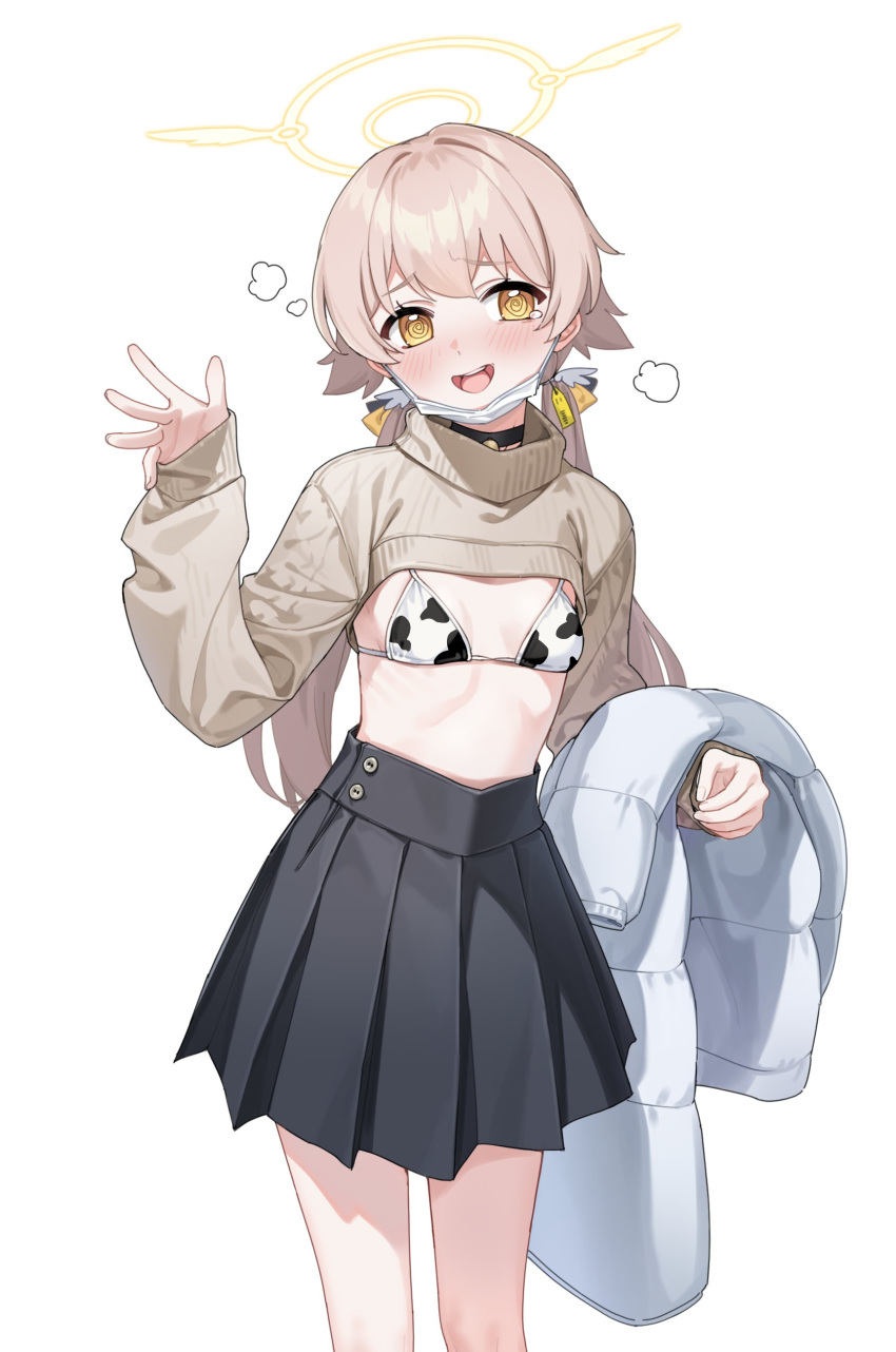 1girl @_@ absurdres alternate_costume bikini bikini_top_only black_choker black_skirt blue_archive blush breasts choker coat controlline3 cow_print_bikini cropped_sweater feet_out_of_frame grey_sweater halo hifumi_(blue_archive) highres light_brown_hair long_sleeves looking_at_viewer padded_coat pleated_skirt skirt small_breasts smile solo sweater swimsuit tears twintails