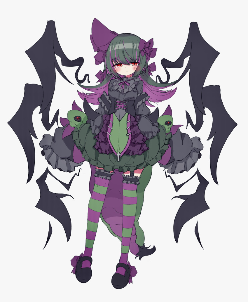 1girl black_corset black_dress black_footwear black_wings blush colored_inner_hair corset detached_wings dress full_body green_hair hair_ribbon highres hydreigon light_blush long_hair looking_at_viewer monster_girl multicolored_hair personification pokemon pokemon_(game) pokemon_bw2 purple_hair purple_ribbon red_eyes rein_(3313) ribbon solo striped striped_thighhighs tail thighhighs two-tone_hair very_long_sleeves wings zettai_ryouiki