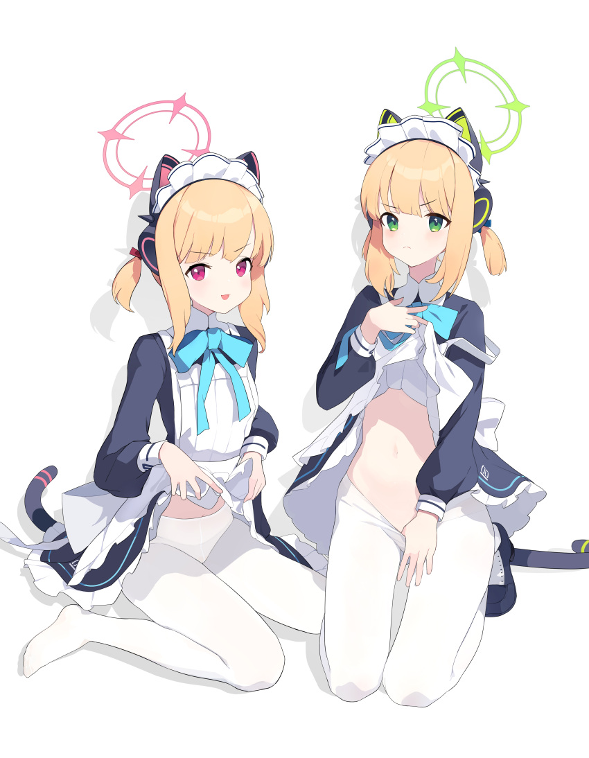 2girls absurdres animal_ear_headphones animal_ears apron aqua_ribbon black_dress black_footwear blonde_hair blue_archive bow cat_ear_headphones cat_tail closed_mouth clothes_lift clothes_pull commentary_request dress dress_lift fake_animal_ears frilled_dress frills frown gong_cha green_bow green_eyes hair_bow halo headphones highres kneeling lifted_by_self light_blush looking_at_viewer low_twintails maid maid_apron maid_headdress mechanical_tail midori_(blue_archive) midori_(maid)_(blue_archive) momoi_(blue_archive) momoi_(maid)_(blue_archive) multiple_girls navel neck_ribbon no_shoes official_alternate_costume open_mouth panties panties_under_pantyhose pantyhose pantyhose_pull pink_bow pink_eyes pulled_by_self ribbon short_hair siblings sidelocks sisters sitting smile stomach tail thigh_gap twins twintails underwear v-shaped_eyebrows wariza white_apron white_pantyhose