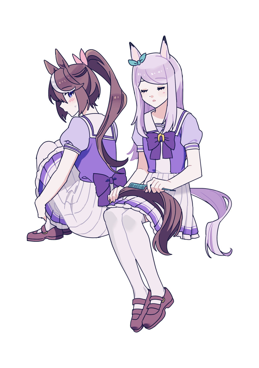 2girls absurdres animal_ears blush bow bowtie brown_footwear brown_hair brushing_hair closed_eyes closed_mouth comb ear_bow full_body habsida_(habsida_hpy) highres holding holding_comb horse_ears horse_girl horse_tail invisible_chair knees_up korean_commentary long_hair looking_at_another mejiro_mcqueen_(umamusume) multicolored_hair multiple_girls open_mouth ponytail purple_hair purple_shirt sailor_collar school_uniform shirt shoes short_hair simple_background sitting skirt streaked_hair sweatdrop tail tail_through_clothes thighhighs tokai_teio_(umamusume) tracen_school_uniform umamusume white_background white_skirt white_thighhighs