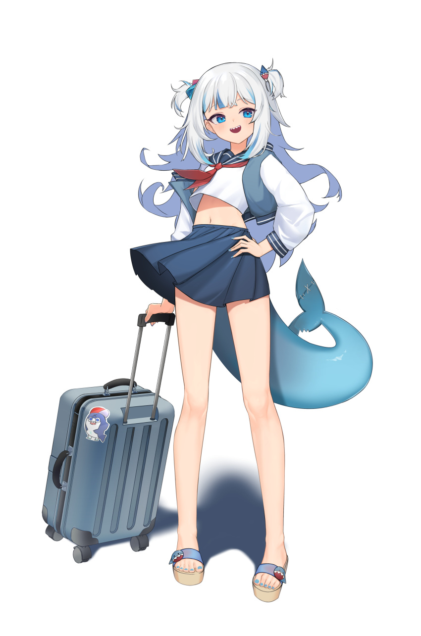 1girl :d absurdres blue_eyes blue_hair fins fish_tail full_body gawr_gura hand_on_own_hip highres hololive hololive_english long_hair looking_at_viewer midriff multicolored_hair nail_polish nanana_narang navel pleated_skirt rolling_suitcase sandals school_uniform serafuku shark_tail sharp_teeth simple_background skirt smile solo streaked_hair suitcase tail teeth toenail_polish toenails two_side_up virtual_youtuber white_background