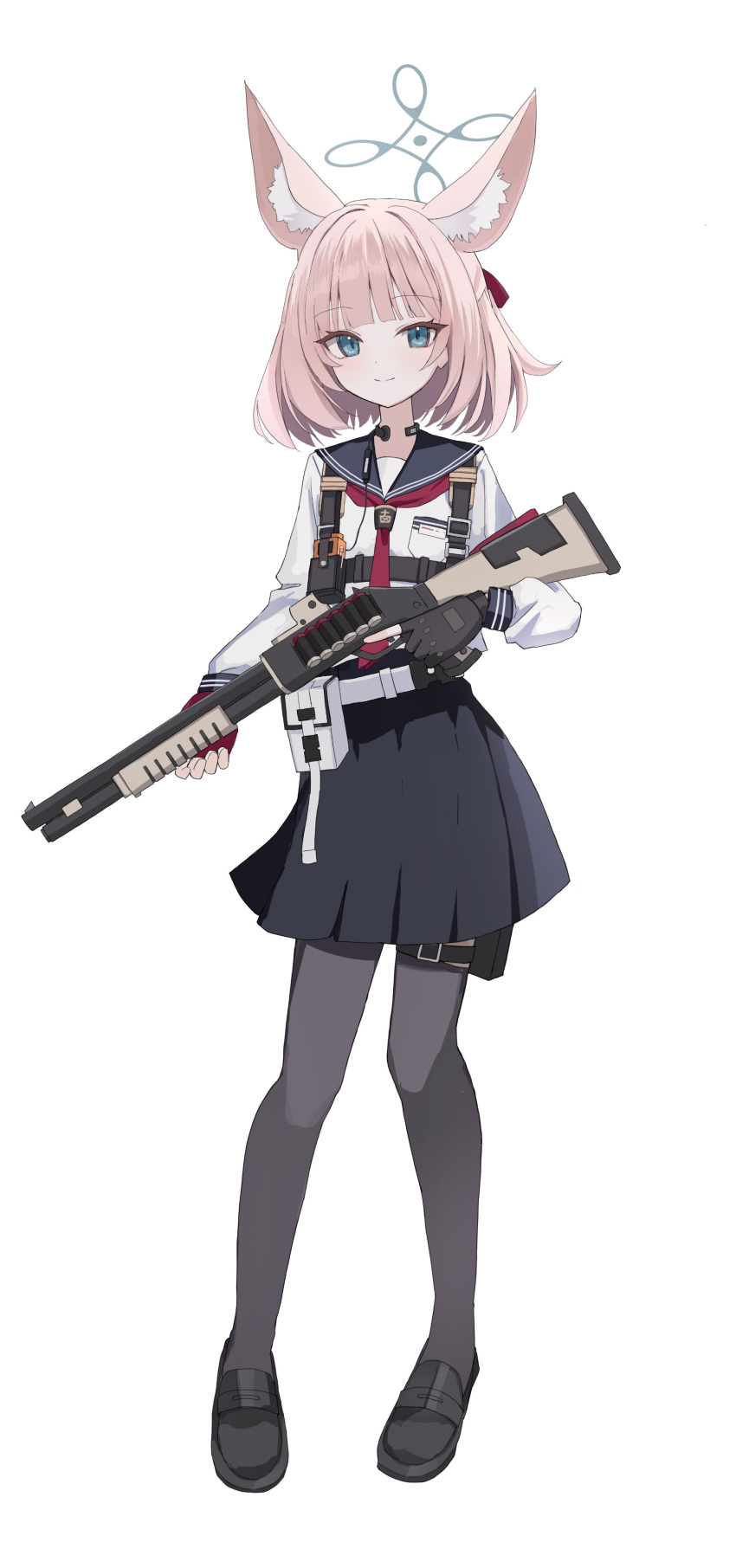 1girl absurdres animal_ear_fluff animal_ears benelli_m3 black_footwear black_gloves black_sailor_collar black_skirt black_thighhighs blue_archive blue_eyes blunt_bangs chest_harness closed_mouth commentary fingerless_gloves fox_ears gloves grey_halo gun half_updo halo harness highres holding holding_gun holding_weapon holster inaba_reito loafers long_sleeves looking_at_viewer miniskirt neckerchief niko_(blue_archive) pink_hair red_neckerchief sailor_collar shirt shoes short_hair simple_background skirt smile solo standing thigh_holster thigh_strap thighhighs throat_microphone weapon white_background white_shirt