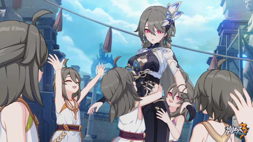 1boy 5girls arms_up child chinese_commentary closed_eyes cloud cloudy_sky day dress hair_between_eyes happy highres honkai_(series) honkai_impact_3rd hug key long_hair looking_at_another looking_down medium_hair multiple_girls official_art official_wallpaper open_hands open_mouth outdoors peacock_feathers red_eyes short_hair sky standing vita_(honkai_impact) vita_(young)_(honkai_impact) white_dress yellow_pupils