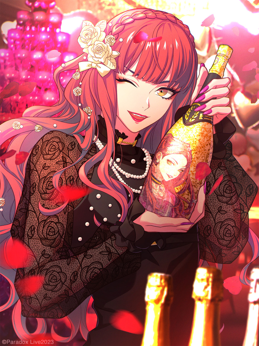 1other anne_faulkner bae_(paradox_live) black_dress dress highres long_hair long_sleeves looking_at_viewer official_alternate_costume official_art one_eye_closed paradox_live petals pink_hair pink_nails red_lips rose_petals yellow_eyes