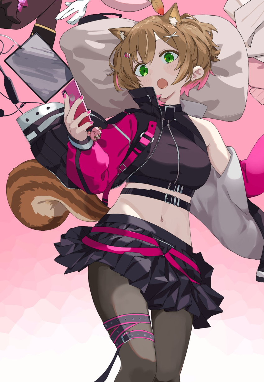 1girl :o animal_ears ayunda_risu azslyne belt black_belt black_jacket black_shirt black_skirt black_thighhighs blush breasts brown_hair cellphone crop_top earphones gradient_background green_eyes hair_between_eyes hair_ornament highres holding holding_phone hololive hololive_indonesia jacket large_breasts long_sleeves looking_at_viewer midriff multicolored_clothes multicolored_hair multicolored_jacket navel phone pillow pink_belt pink_hair pink_jacket pink_nails shirt short_hair single_bare_shoulder skirt smartphone squirrel_ears squirrel_girl squirrel_tail tablet_pc tail thighhighs two-tone_jacket virtual_youtuber