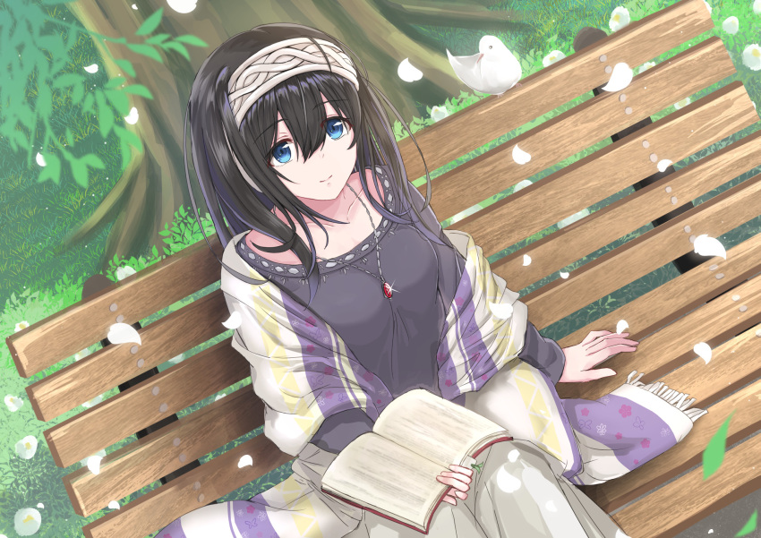 1girl bench bird black_hair black_shirt blue_eyes book breasts collarbone edelweiss_(wsparkz) falling_petals grass grey_skirt hair_between_eyes hairband highres holding holding_book idolmaster idolmaster_cinderella_girls light_smile looking_up medium_breasts multicolored_shawl on_bench outdoors park_bench petals sagisawa_fumika shawl shirt sitting skirt solo tree white_bird white_hairband