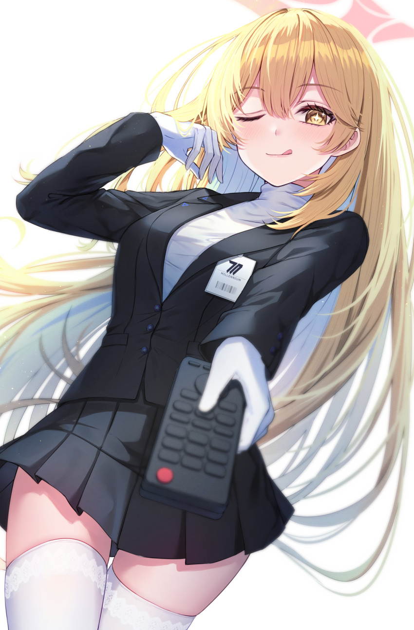 1girl :q aiming aiming_at_viewer barcode black_jacket black_skirt blonde_hair blue_archive bright_pupils controller cosplay gloves halo highres holding holding_remote_control id_card jacket long_hair one_eye_closed pink_halo pleated_skirt primamiya remote_control rio_(blue_archive) rio_(blue_archive)_(cosplay) shokuhou_misaki skirt solo sparkling_eyes spider_web_print star-shaped_pupils star_(symbol) star_halo sweater symbol-shaped_pupils thigh_gap thighhighs toaru_kagaku_no_railgun toaru_majutsu_no_index tongue tongue_out turtleneck turtleneck_sweater very_long_hair white_gloves white_pupils white_sweater white_thighhighs yellow_eyes