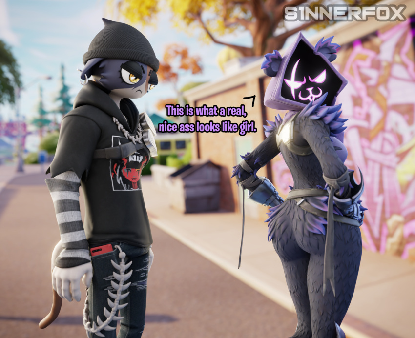 angry anthro bear butt domestic_cat duo english_text epic_games felid feline felis female female/female fortnite half-closed_eyes hi_res jealous mammal meow_skulls_(fortnite) narrowed_eyes presenting raven_team_leader rear_view s1nnerfox text