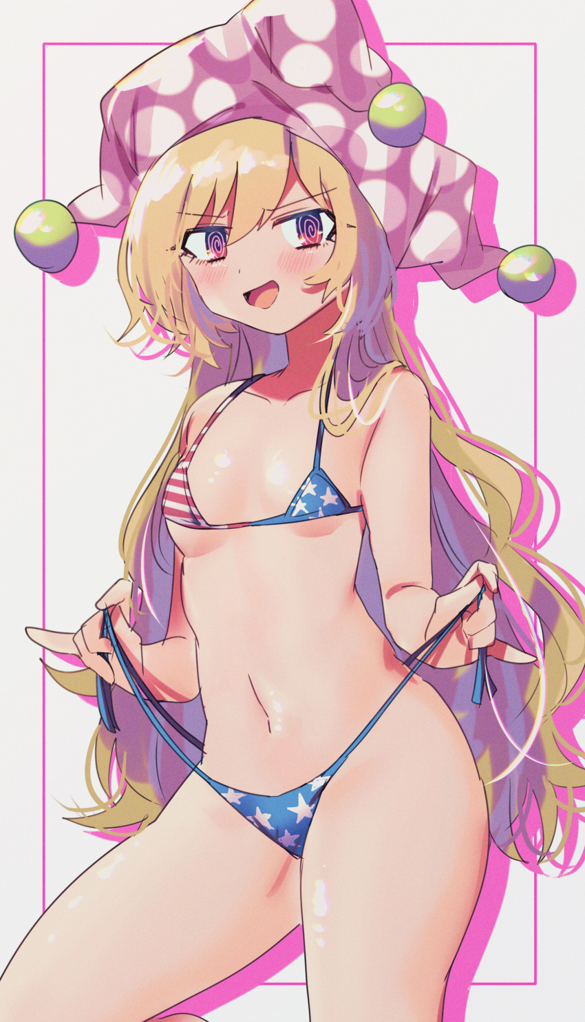 1girl @_@ absurdres american_flag american_flag_bikini bikini blonde_hair blush breasts clownpiece flag_print haruwaka_064 hat highres jester_cap long_hair navel no_wings one-hour_drawing_challenge open_mouth panties panty_pull pink_eyes simple_background small_breasts solo star_(symbol) striped swimsuit thighs touhou underwear very_long_hair white_background