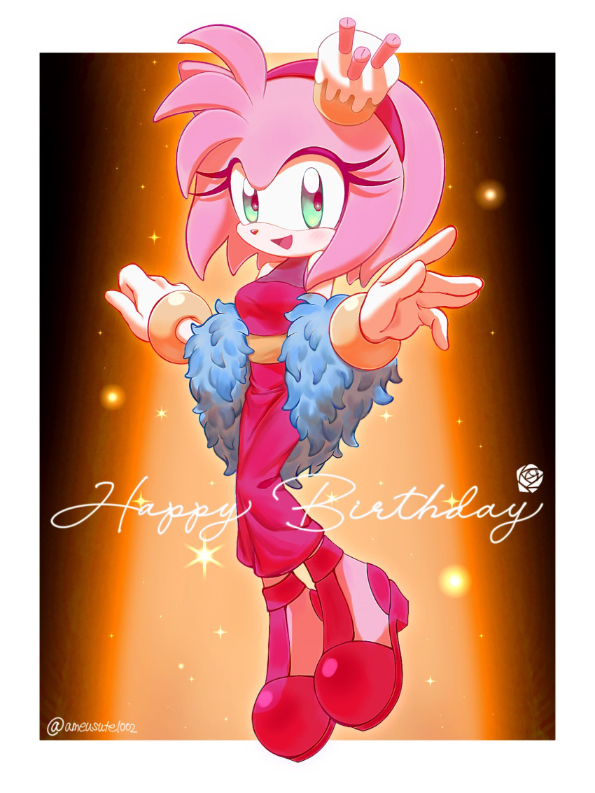 1girl ameusute1002 amy_rose animal_ears animal_nose artist_name bare_shoulders belt black_background blush boots border bracelet breasts cake dress eyelashes food full_body fur_trim furry furry_female gloves gold_bracelet green_eyes hairband hands_up happy_birthday hedgehog_ears hedgehog_girl high_heels highres jewelry looking_at_viewer medium_breasts official_alternate_costume open_mouth outside_border pink_dress pink_footwear pink_fur pink_hairband simple_background sleeveless sleeveless_dress smile solo sonic_(series) sparkle stage_lights standing the_murder_of_sonic_the_hedgehog tongue white_border white_gloves yellow_belt